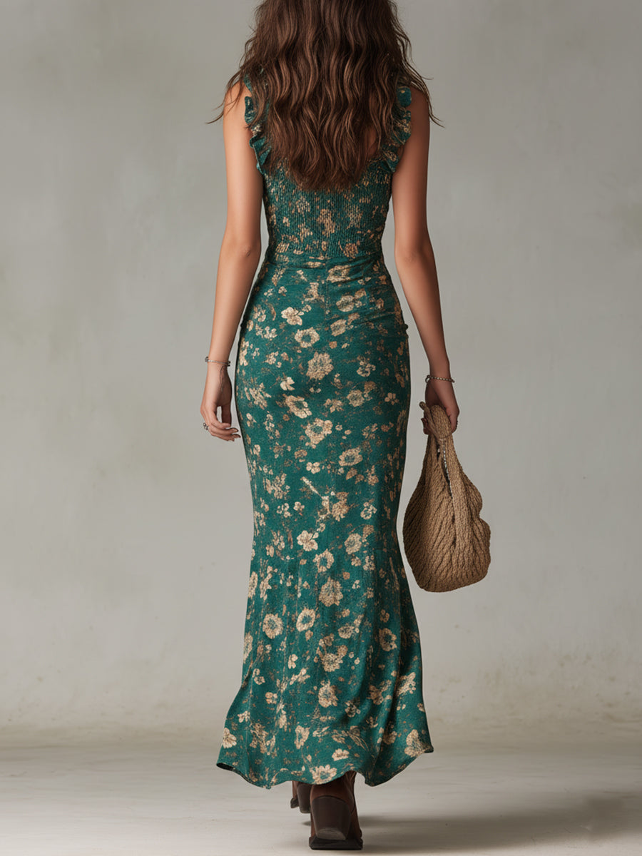 Zara | Vestito lungo in stile boho retro con maniche arricciate e spacco alto