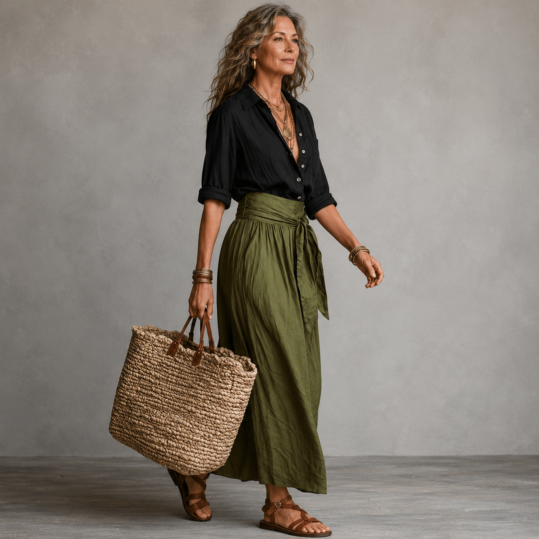 Vera™ | Set di Due Pezzi: Top Nero e Gonna Midi Verde Oliva
