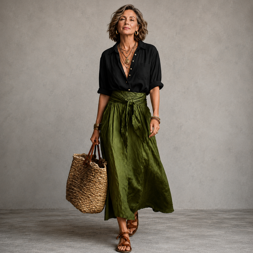 Vera™ | Set di Due Pezzi: Top Nero e Gonna Midi Verde Oliva