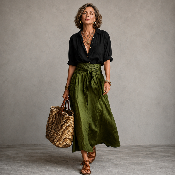 Vera™ | Set di Due Pezzi: Top Nero e Gonna Midi Verde Oliva