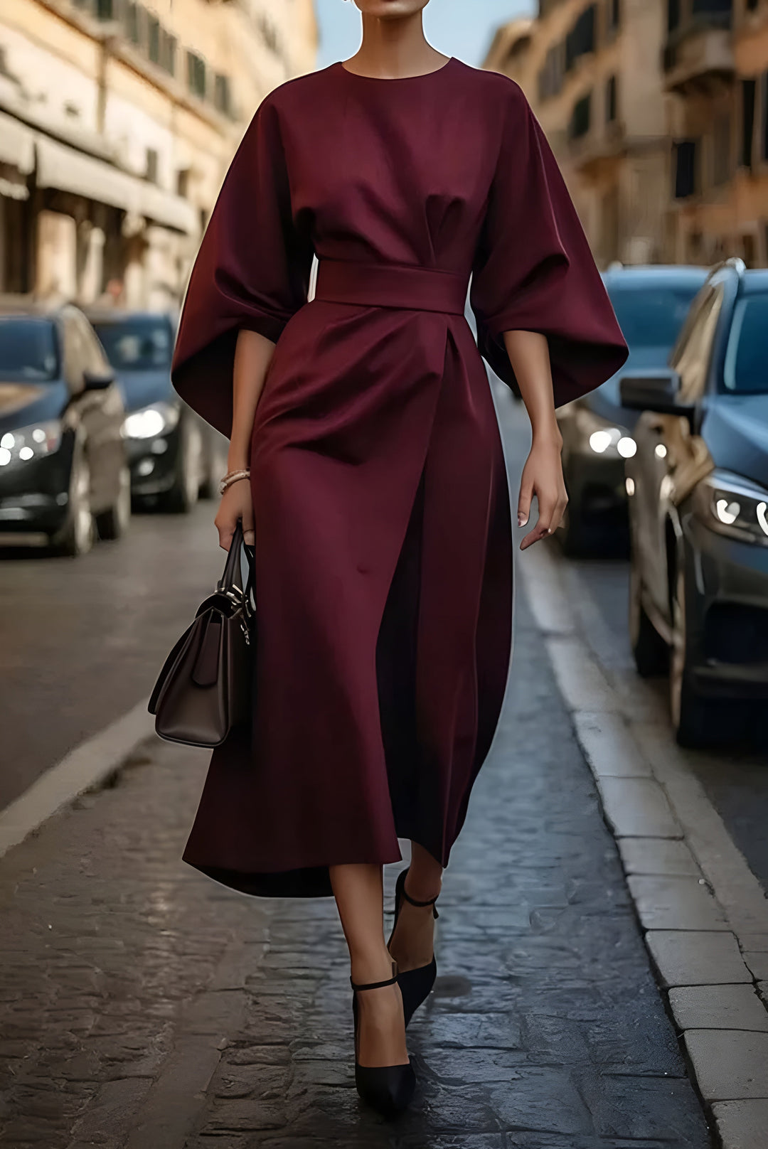 Grace™ | Abito Elegante con Maniche a Lanterna e Cintura